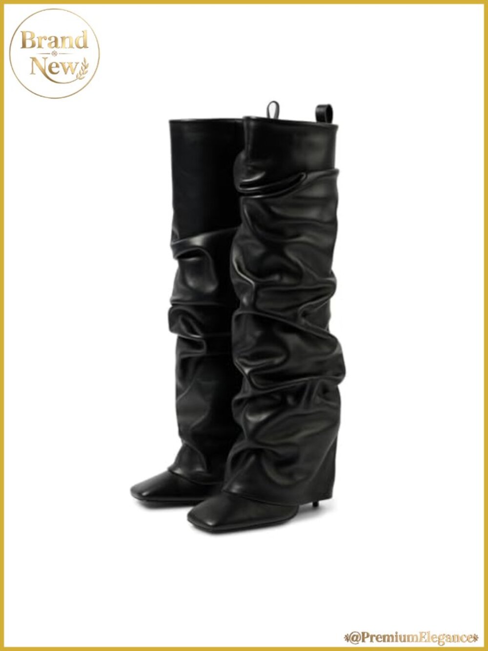 Faux Leather Square Toe Stiletto Heel Slouchy Knee High Boots Slip On Tall